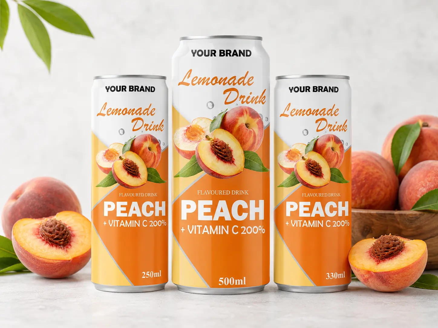 LEMONADE DRINK Peach flavored drink with Vitamin C 200% shown in 250ml, 500ml, and 330ml cans.